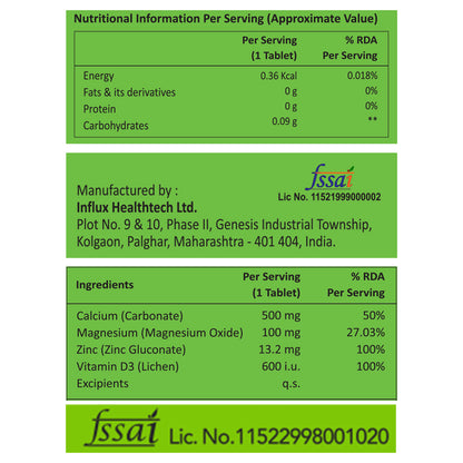 Nutritional information label for a supplement with Influx Healthtech Ltd. branding.