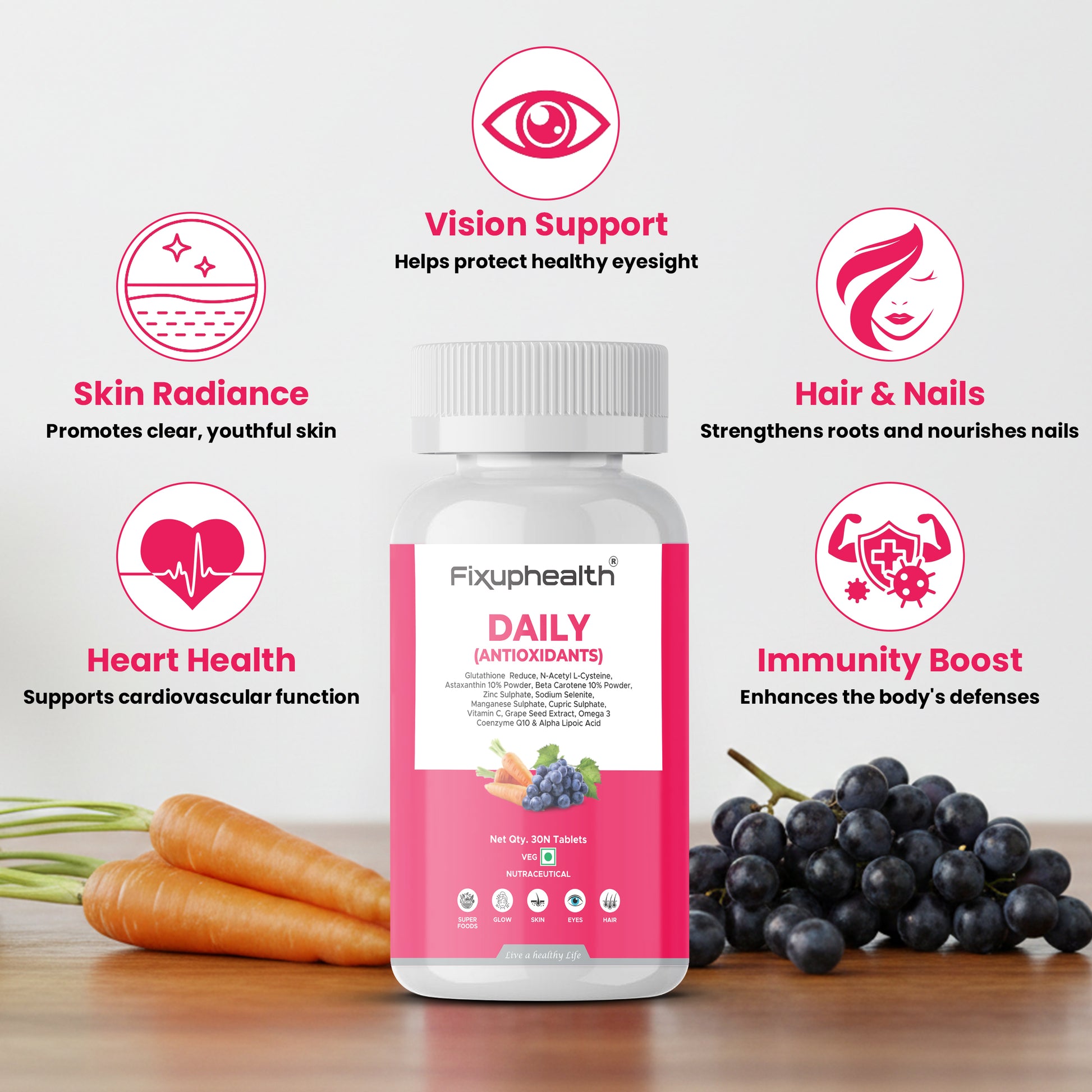 Supplement bottle with health benefits on a wooden surface with vegetables and fruits.