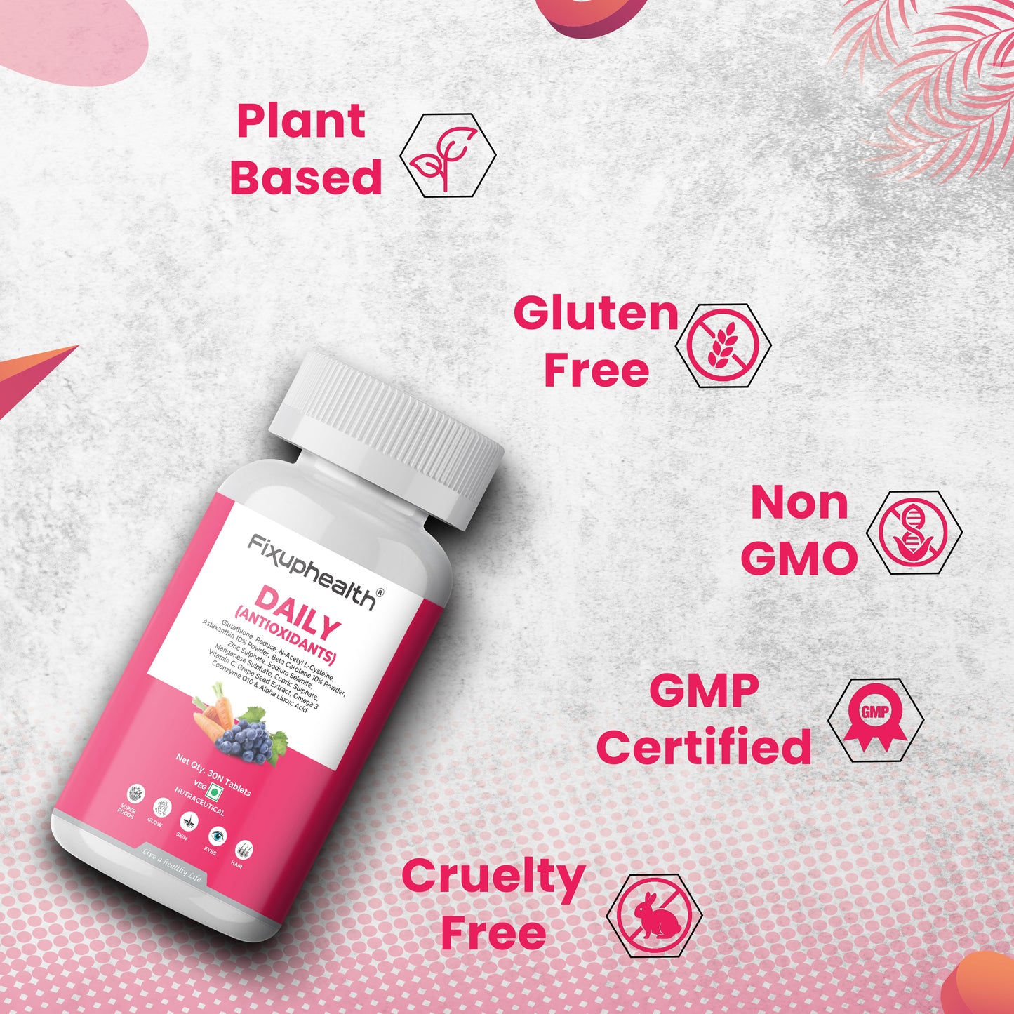 Fixuphealth daily supplement bottle with certification icons on a light gray background