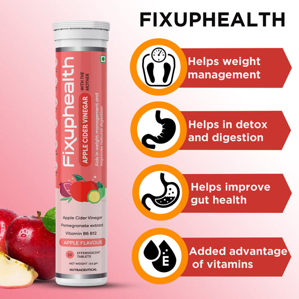 Fixuphealth Apple cider vinegar with the mother 700 mg Vitamin B6 B12 Effervescent Tablets Apple Flavour 20 tablets each pack for weight loss management Detox & boost metabolism