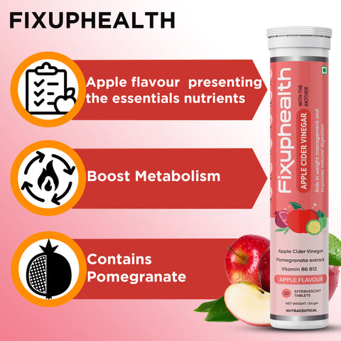 Fixuphealth Apple cider vinegar with the mother 700 mg Vitamin B6 B12 Effervescent Tablets Apple Flavour 20 tablets each pack for weight loss management Detox & boost metabolism