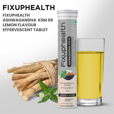 Fixuphealth Ashwagandha Extract KSM66 Bhringaraj Extract with Zinc Effervescent Tablets Lemon Flavour Vegan 15 tablets each pack Useful for Improving Memory Stress Relief Strength & Vigour