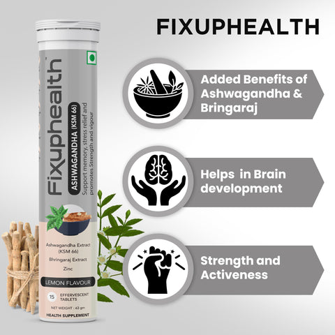 Fixuphealth Ashwagandha Extract KSM66 Bhringaraj Extract with Zinc Effervescent Tablets Lemon Flavour Vegan 15 tablets each pack Useful for Improving Memory Stress Relief Strength & Vigour