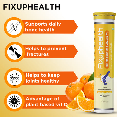 Fixuphealth Calcium 500mg Vitamin D3 Strong Bone Muscles Effervescent Tablets 20 tablets & Natural Amla 1000mg Vitamin C Zinc Effervescent Tablets 20 tablets Immunity Booster