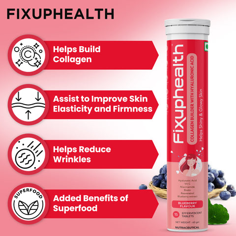 Fixuphealth Collagen Builder with Hyaluronic Acid Vitamin C Blueberry Extract Effervescent Tablets Blueberry Flavour Vegan 15 tablets each pack Useful for Skin Tightening Shiny & Glowy Skin