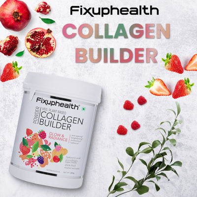 A container of Fixuphealth Collagen Builder powder, with fruits and leaves around it, indicating the product is plant-based and for skin glow.