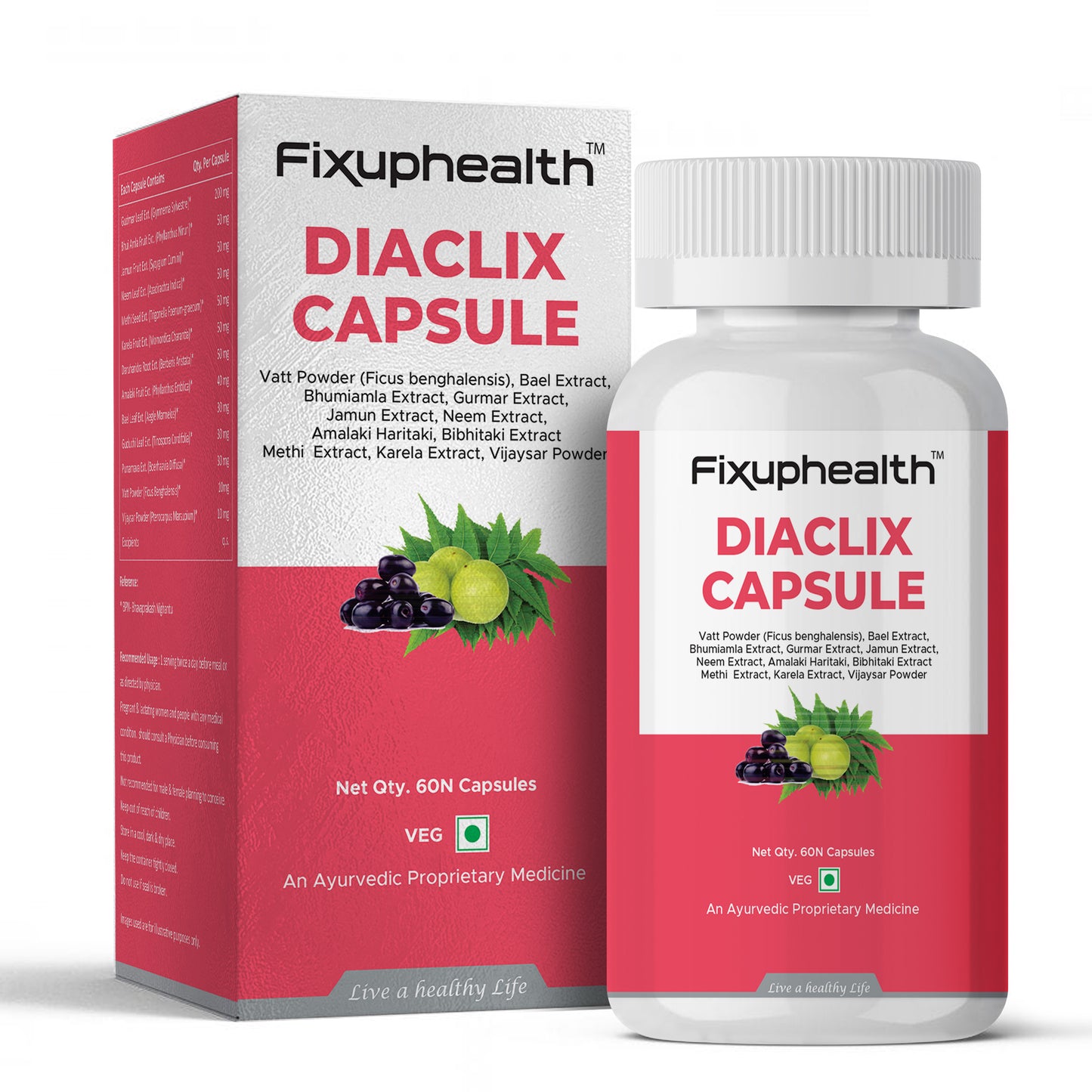 Fixuphealth Diaclix Capsule packaging with red and white design on a white background