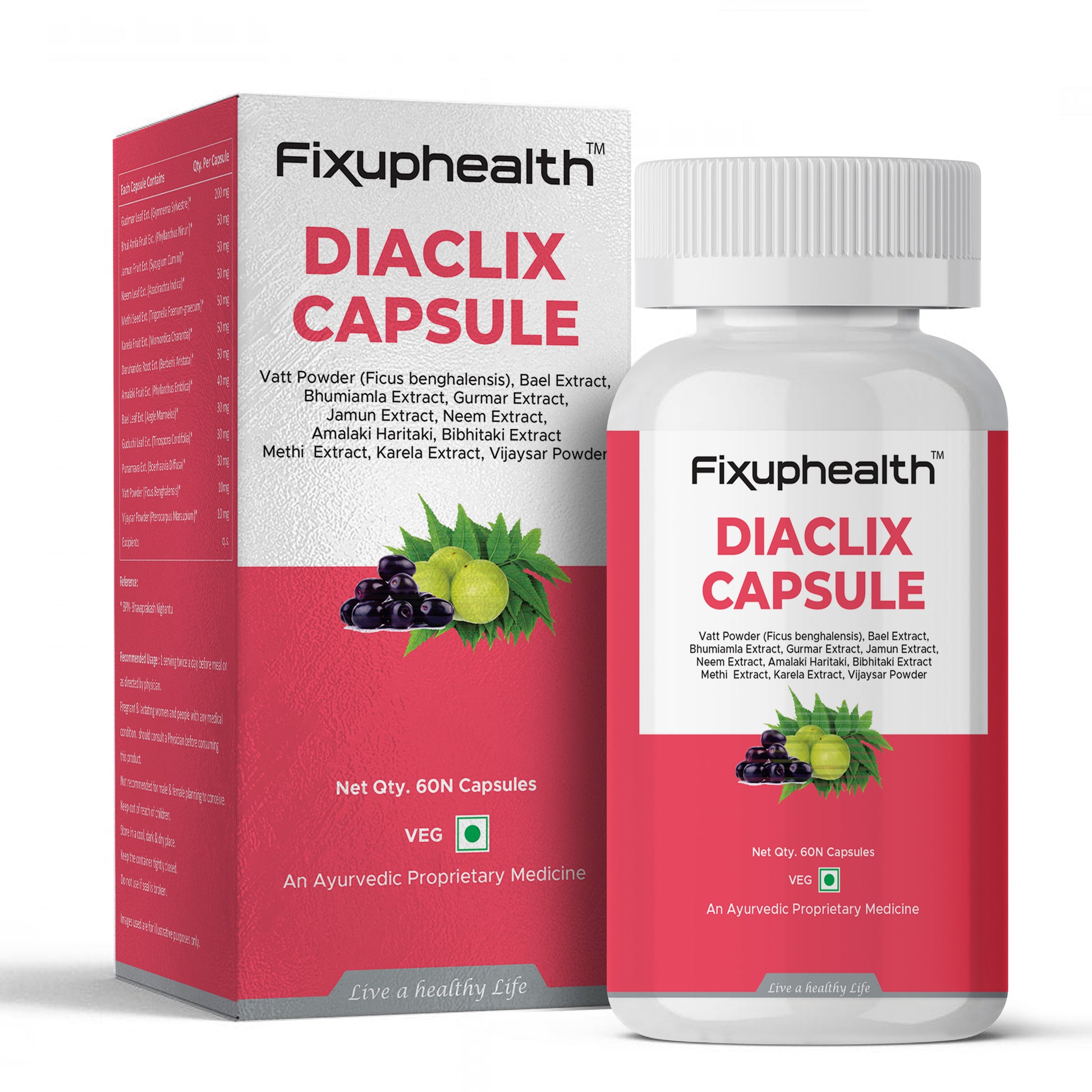 Fixuphealth Diaclix Capsule packaging with red and white design on a white background