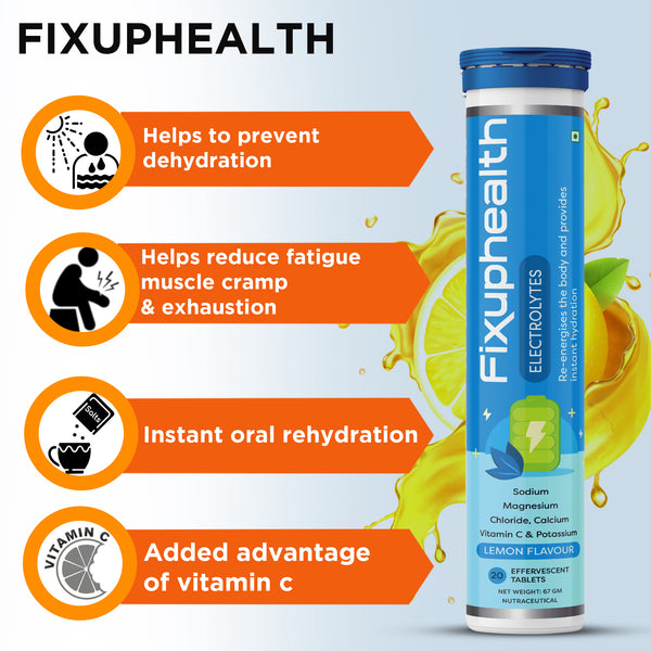 Fixuphealth Electrolyte Tablets with Sodium Magnesium,Calcium Effervescent Tablets 20 tablets & Multivitamins Multiminerals Effervescent Tablets Pack of 1 20 tablets Immunity Combo Pack