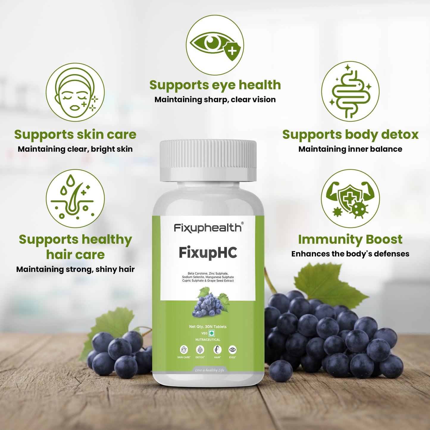 Fixuphealth FixupHC supplement bottle with health benefits listed on a wooden surface with grapes.