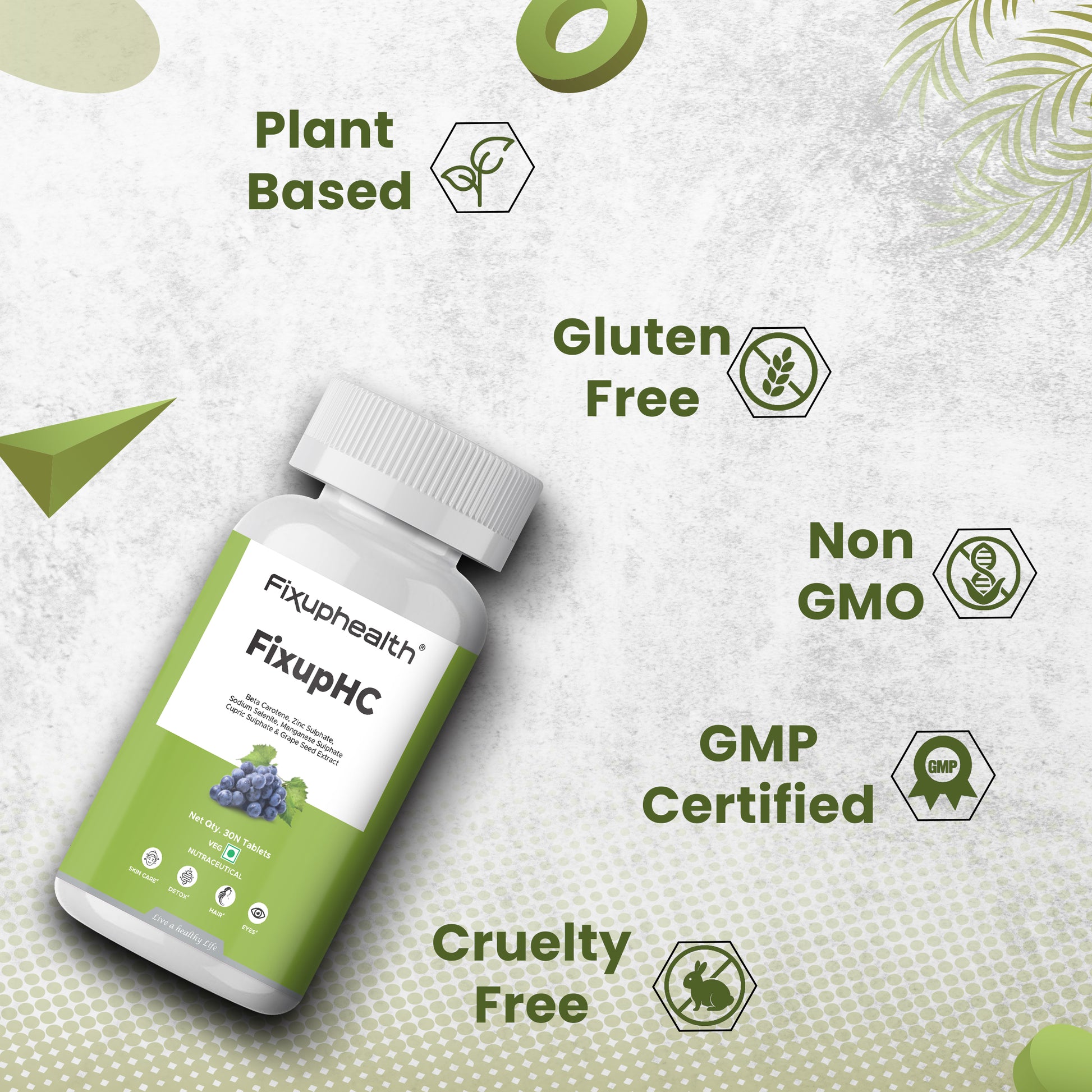 Fixuphealth FixupHC supplement bottle with certification icons on a green and white patterned background