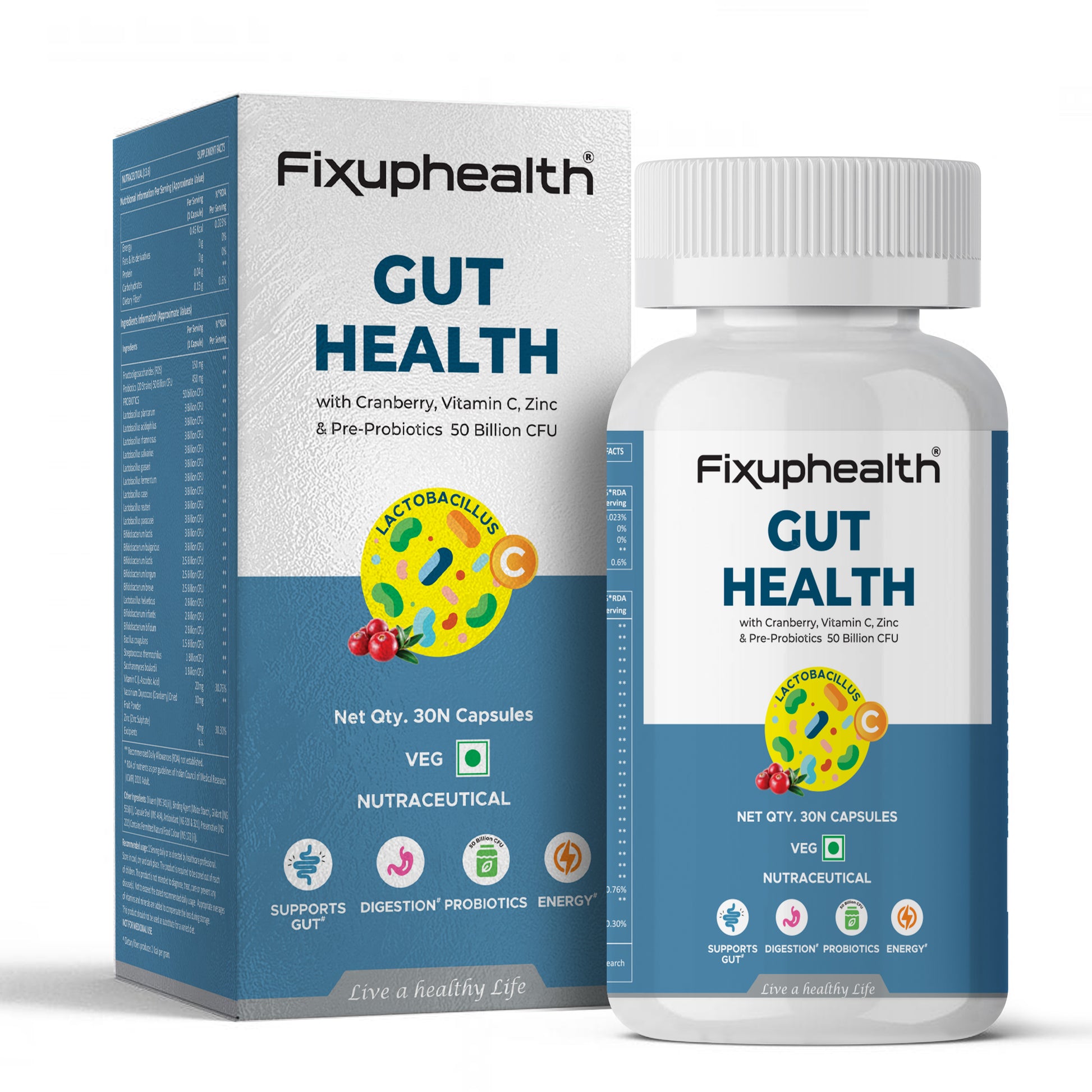 Fixuphealth Gut Health supplement bottle and packaging on a white background