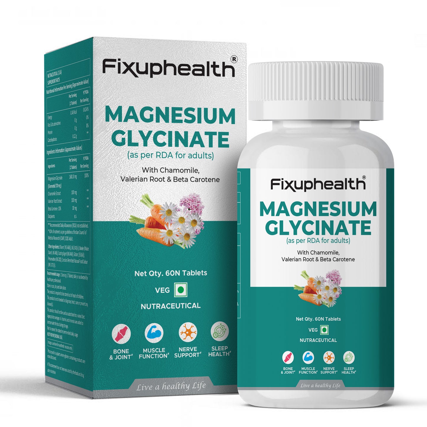 Fixuphealth Magnesium Glycinate supplement bottle and packaging on a white background