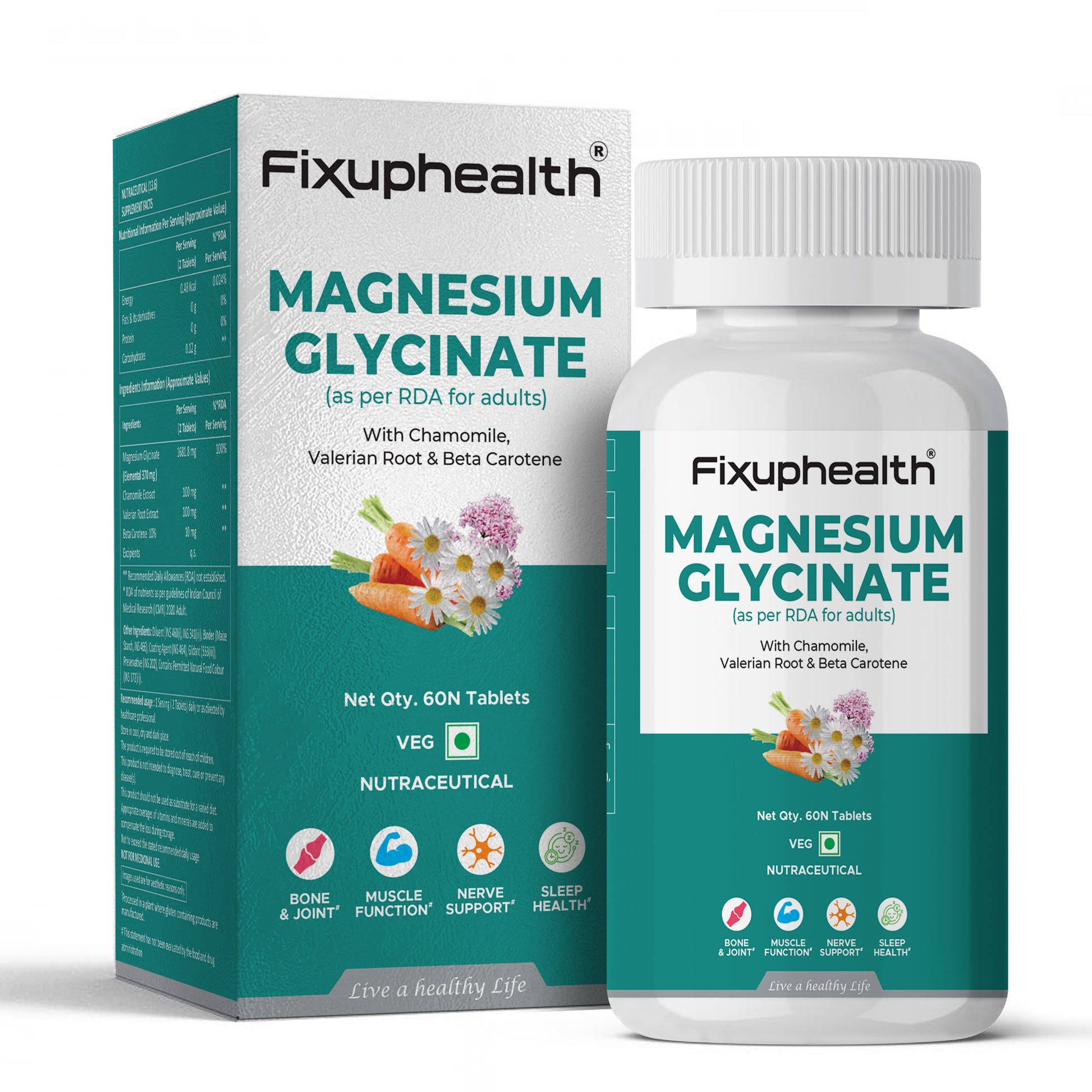 Fixuphealth Magnesium Glycinate supplement bottle and packaging on a white background