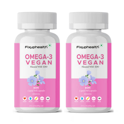 Two bottles of Fixuphealth Omega 3 Vegan Capsules with pink labels, indicating the product is a dietary supplement for various health benefits.