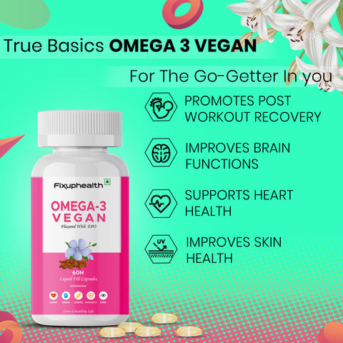 Fixuphealth Omega 3 Vegan Capsule with Flaxseed Evening Primerose Oil Nutrition Supplement For Healthy Hair Skin Joint Brain Muscles Heart And Bones 60 Liquid Filled Veg Capsules with EPO Pack Of 2
