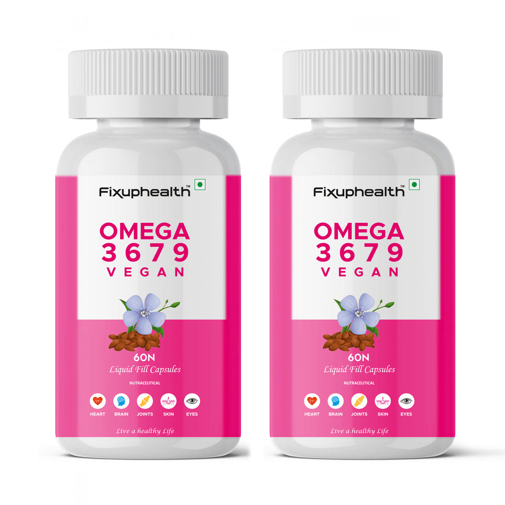 Fixuphealth Omega 3 6 7 9 Vegan Capsule with Flaxseed Sea Buckethorn Nutrition Supplement For Healthy Hair Skin Joint Brain Muscles And Bones 60 Liquid Filled Veg Capsules Pack Of 2