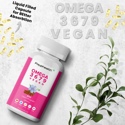 Fixuphealth Omega 3 6 7 9 Vegan Capsule with Flaxseed Sea Buckethorn Nutrition Supplement For Healthy Hair Skin Joint Brain Muscles And Bones 60 Liquid Filled Veg Capsules Pack Of 2