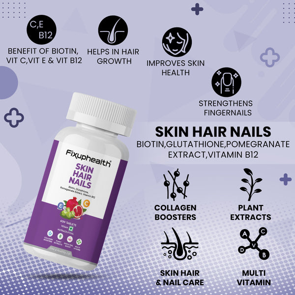 Fixuphealth Skin Hair Nail Supplement Biotin Glutathione Vitamin B12 Plant Extract Collagen Booster Multivitamin for hair Growth Glowing Skin Vegan 60 Tablets Pak Of 2