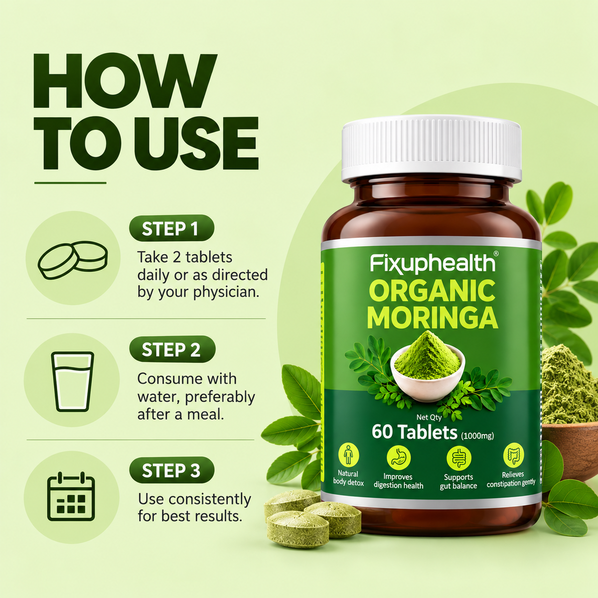 Organic Moringa Tablets 1000mg |Traditional Ayurvedic Herbal Supplement | 60 Tablets