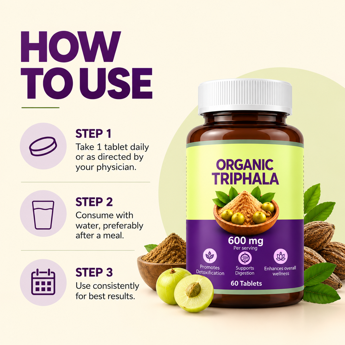 Organic Triphala Tablets 600mg | Amalaki, Haritaki & Vibhitaki | Traditional Ayurvedic Herbal Formulation | 60 Tablets