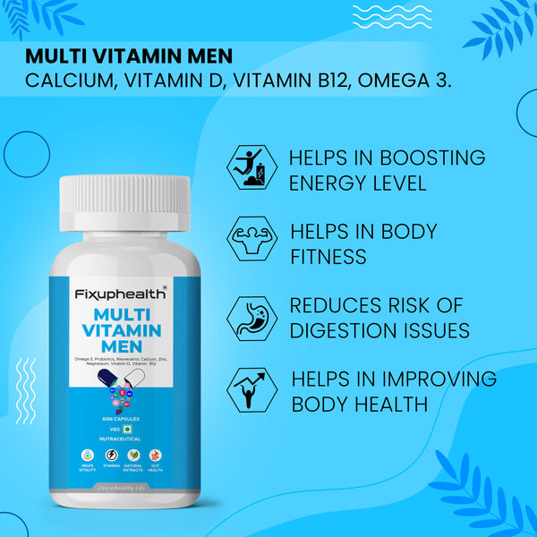 Fixuphealth Multivitamin Supplement tablets for Men Probiotics Vitamin D Vitamin B12 Omega 3 Natural Extract for Resveratrol Zinc Calcium Magnesium Veg 60 Tablets Pack Of 1
