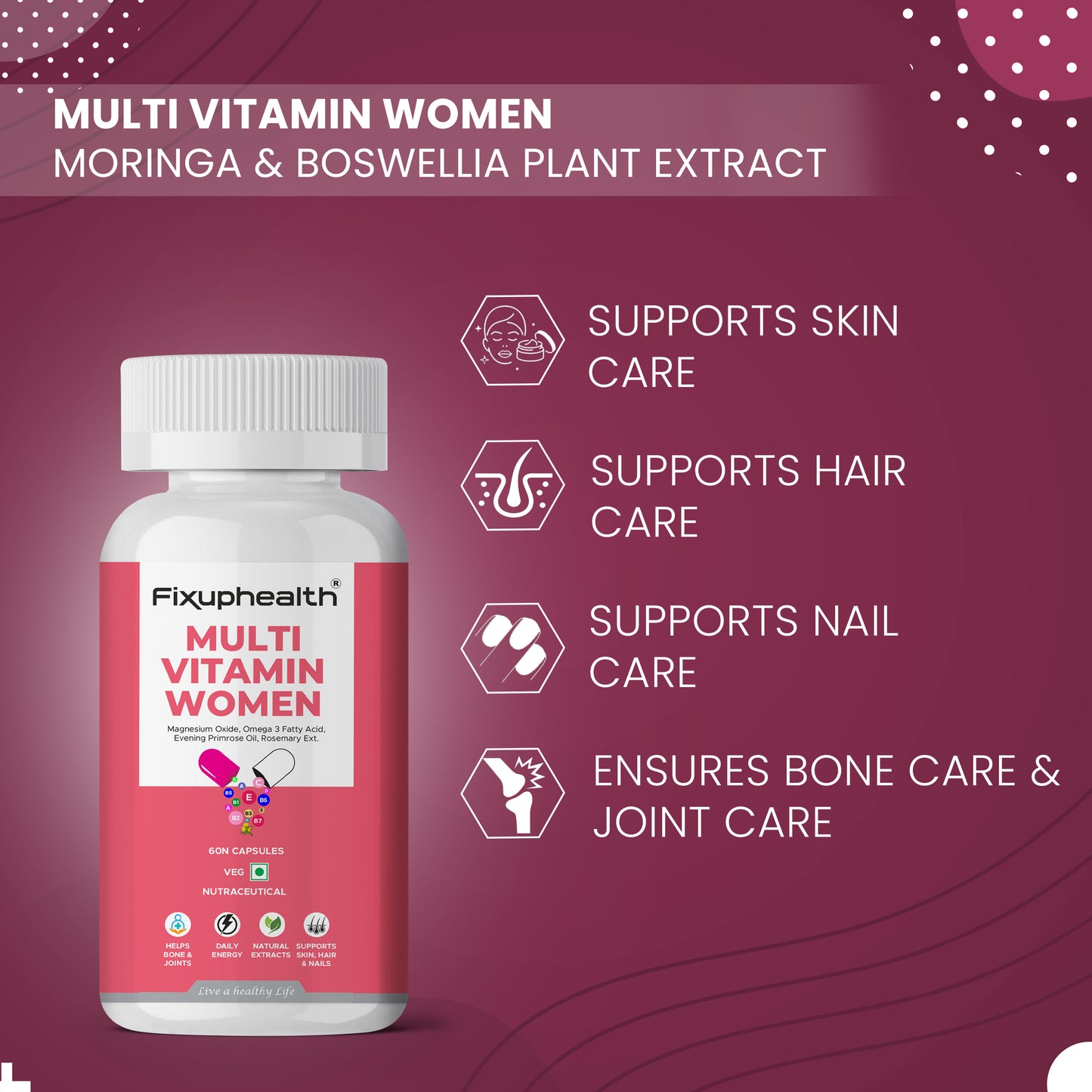 Fixuphealth Multi Vitamin Women supplement bottle with benefits
