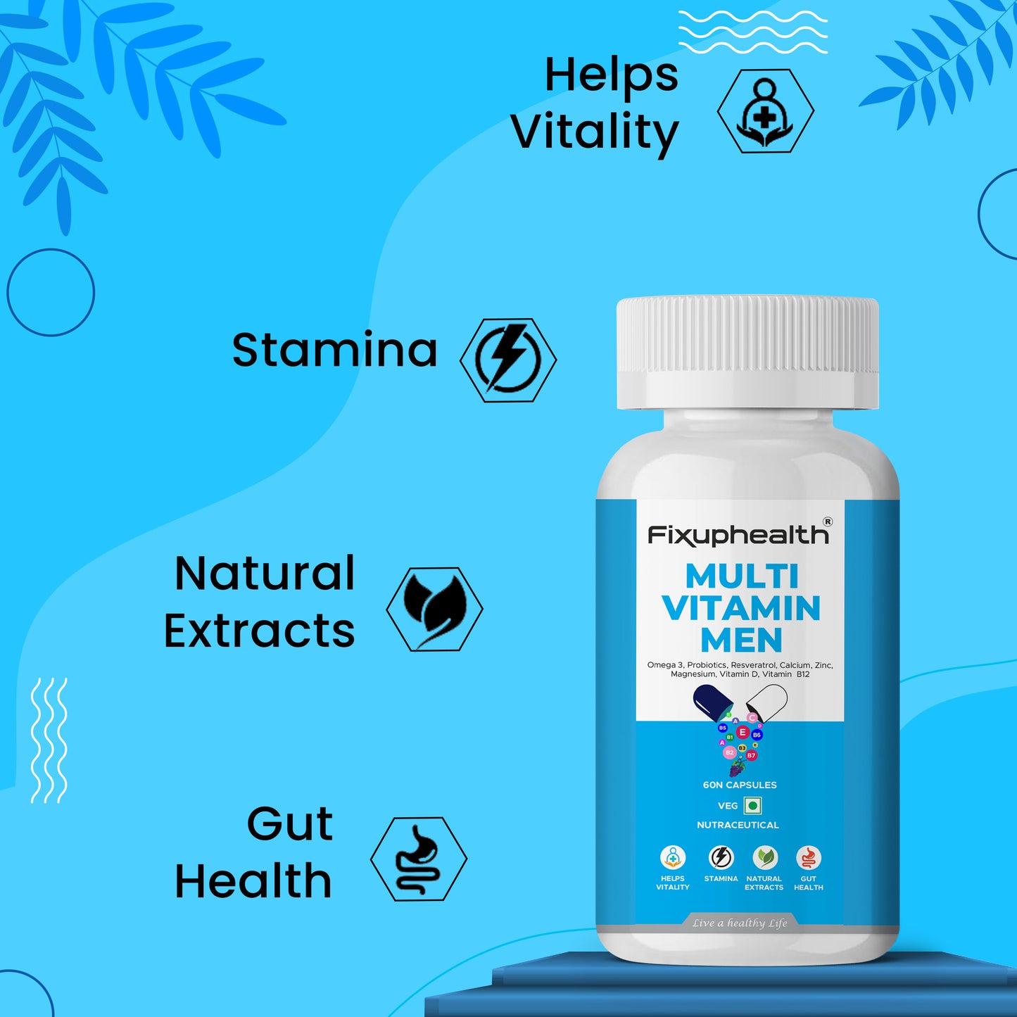 Fixuphealth Multi Vitamin Men bottle on a blue background with health benefits text.