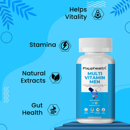 Fixuphealth Multi Vitamin Men bottle on a blue background with health benefits text.