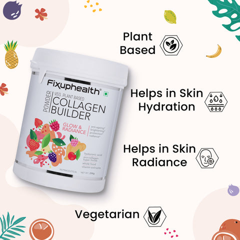 Fixuphealth Collagen Builder Veg Plant based powder for Women and Men for Skin Glow with Hyaluronic Acid Glutathione Vitamin Extracts Pro collagen super food 250 gram Strawberry flavour No added sugar