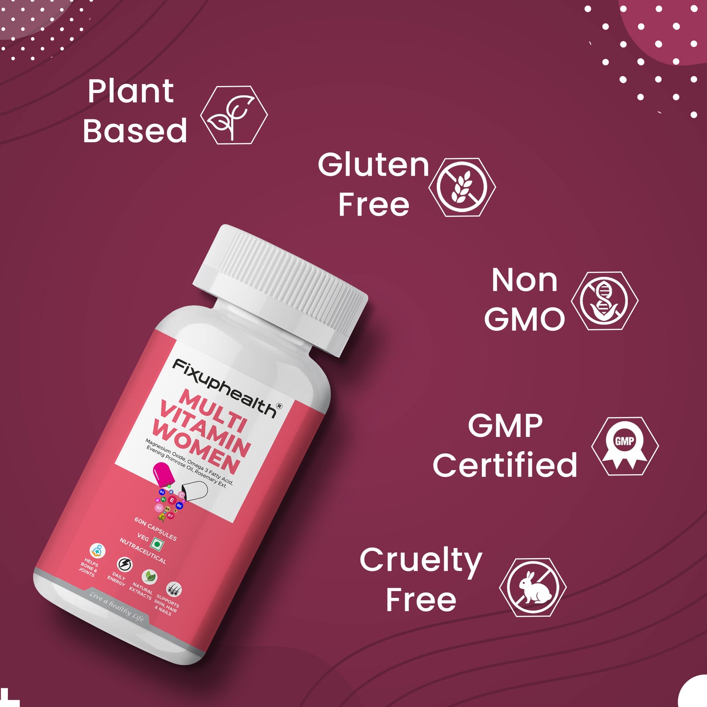Fixuphealth Multi Vitamin Women bottle with certification icons on a maroon background