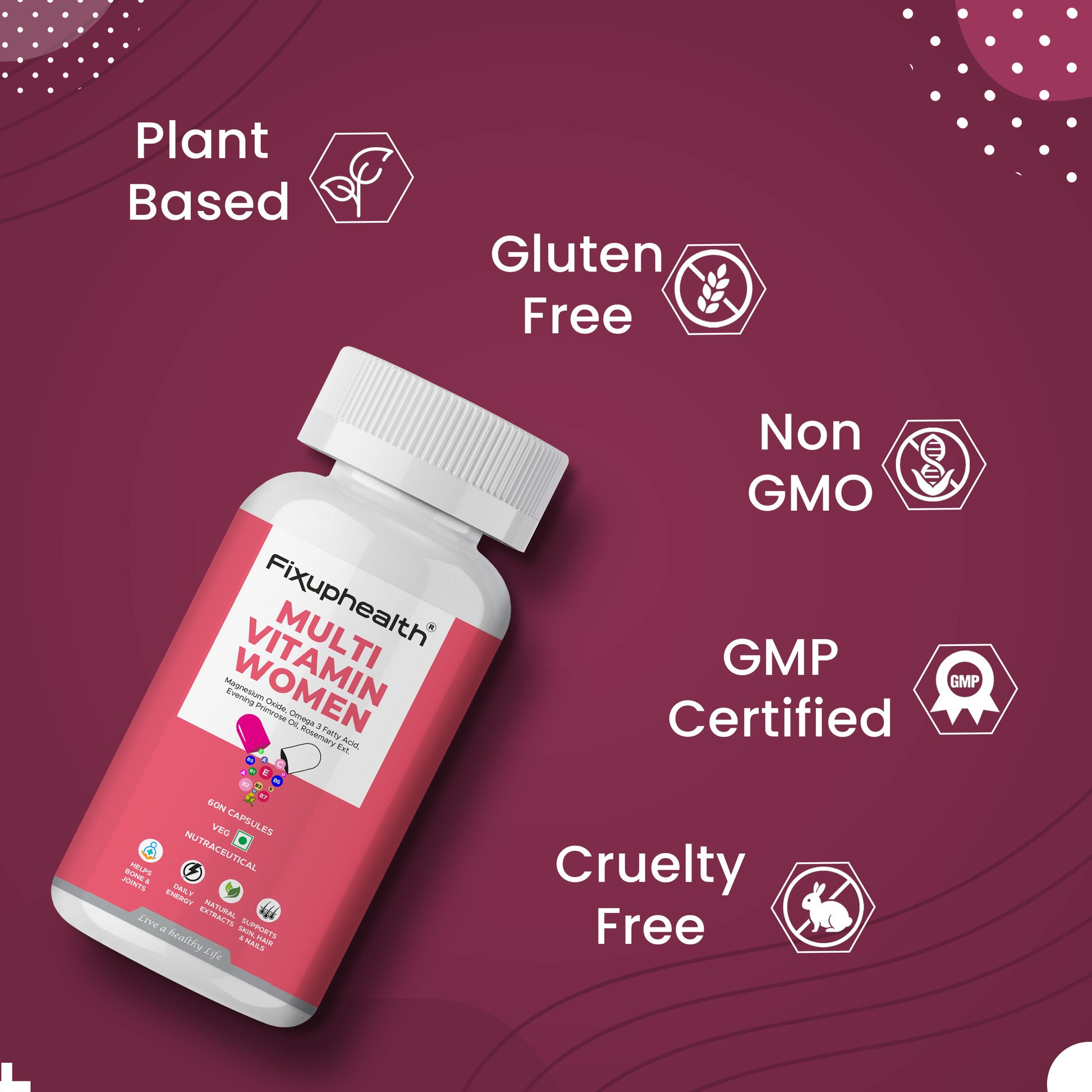 Fixuphealth Multi Vitamin Women bottle with certification icons on a maroon background