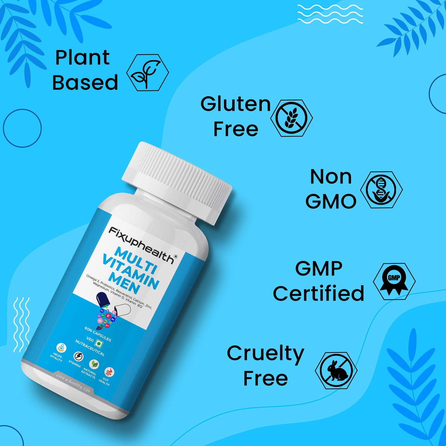 Fixuphealth Multi Vitamin Men bottle on a blue background with certification icons.