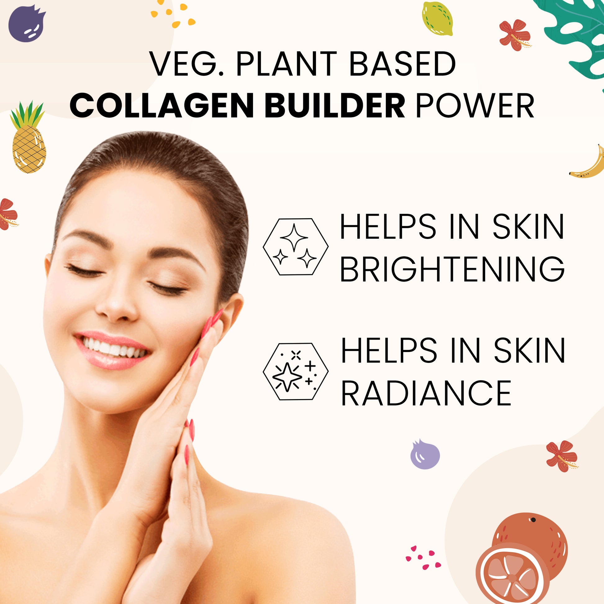 Fixuphealth Collagen Builder Veg Plant based powder, depicting a woman touching her face and highlighting skin brightening and radiance with graphical icons and fruits around her.