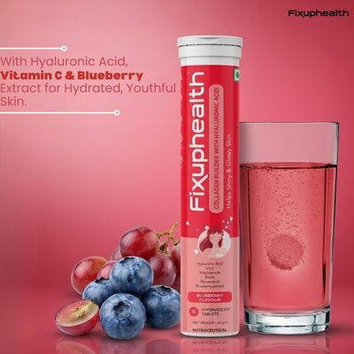Fixuphealth collagen supplement with blueberries, grapes, and a glass of pink liquid on a red background.