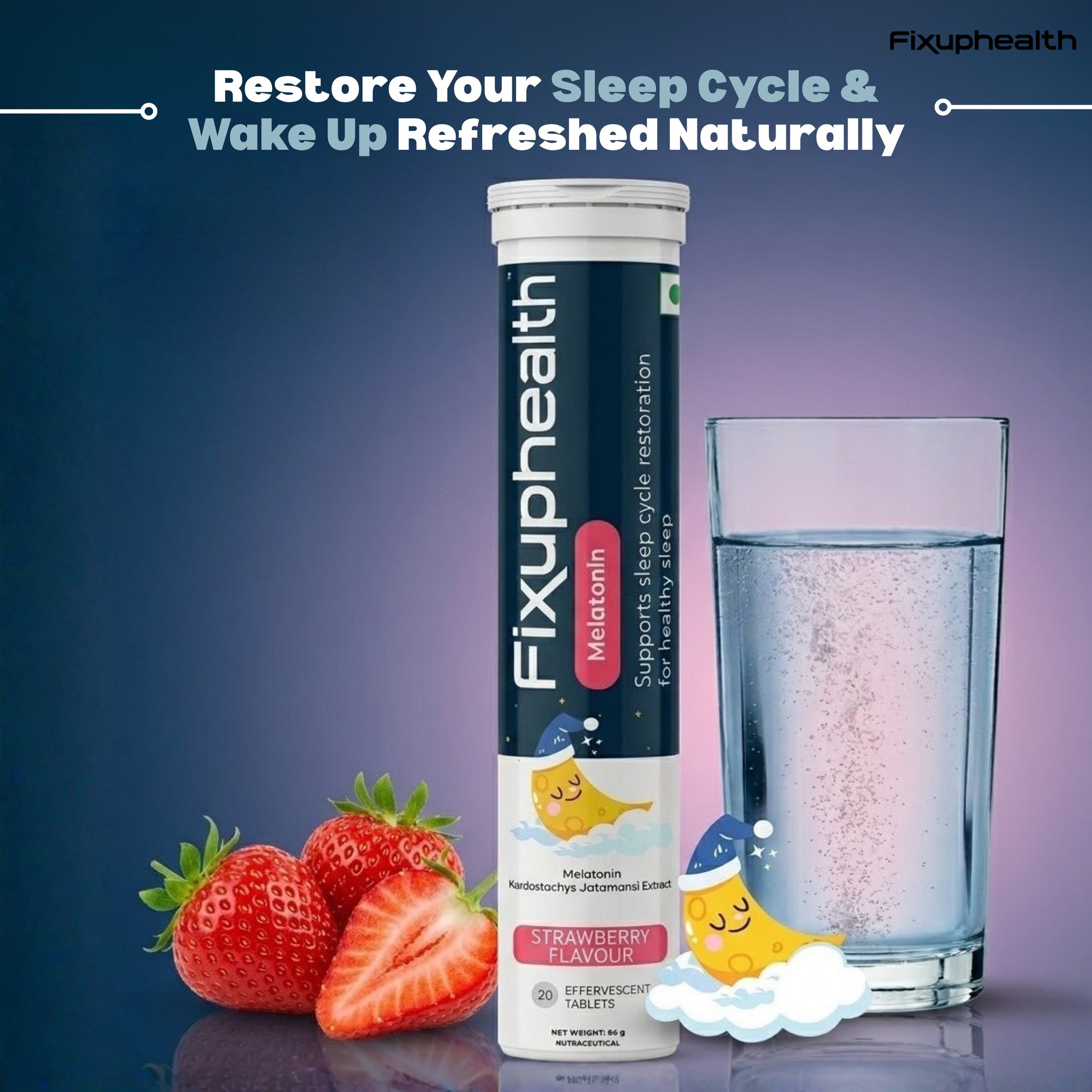 Fixuphealth Malatolin supplement tube with strawberries and a glass of water on a gradient blue and purple background.