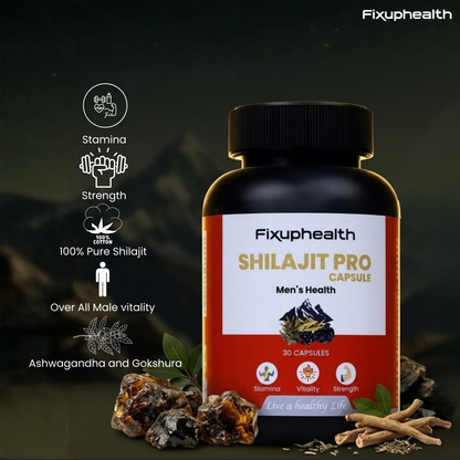 Fixuphealth Shilajit Pro capsule bottle with ingredients and health benefits on a dark background