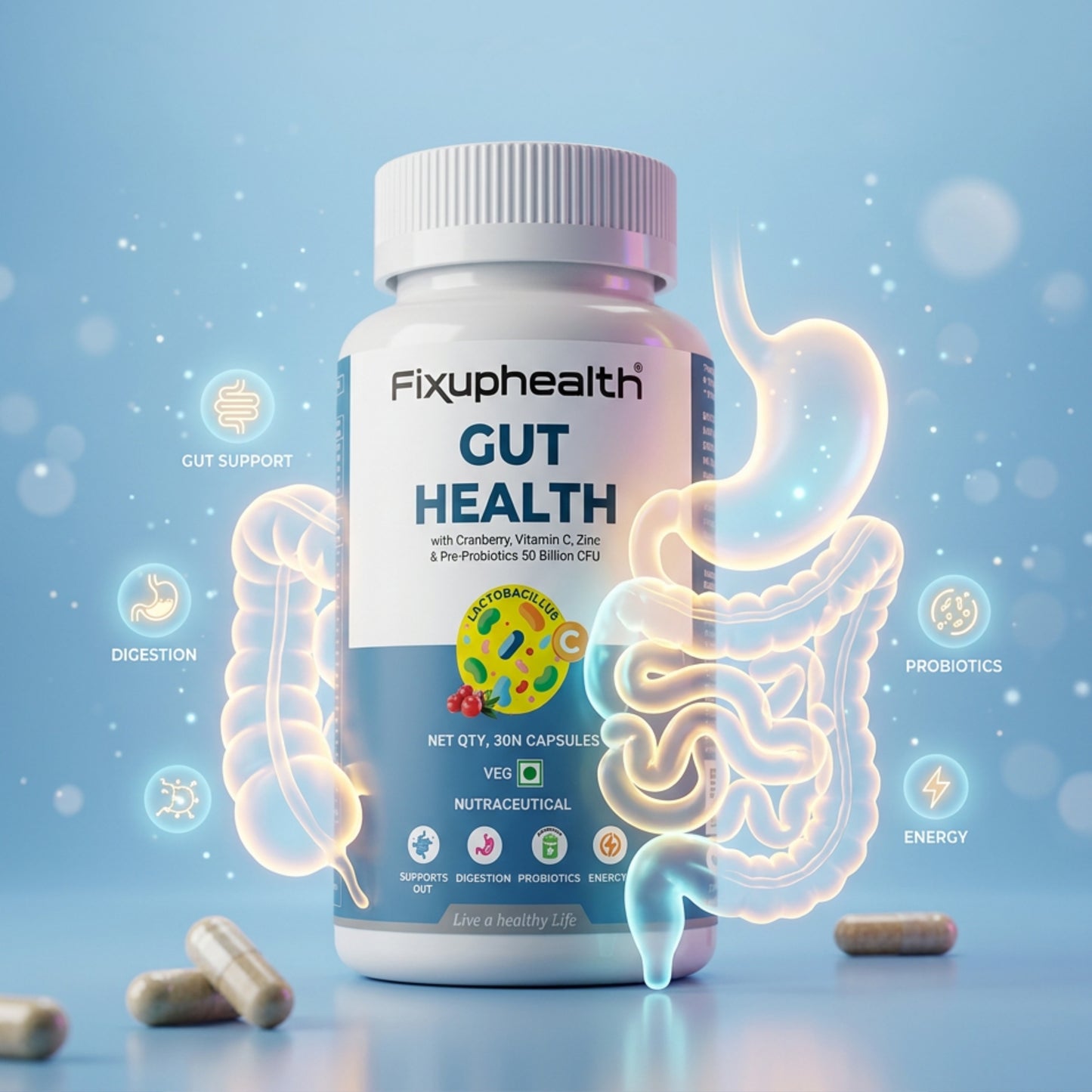 Fixuphealth gut health supplement bottle with digestive system illustration on a blue background