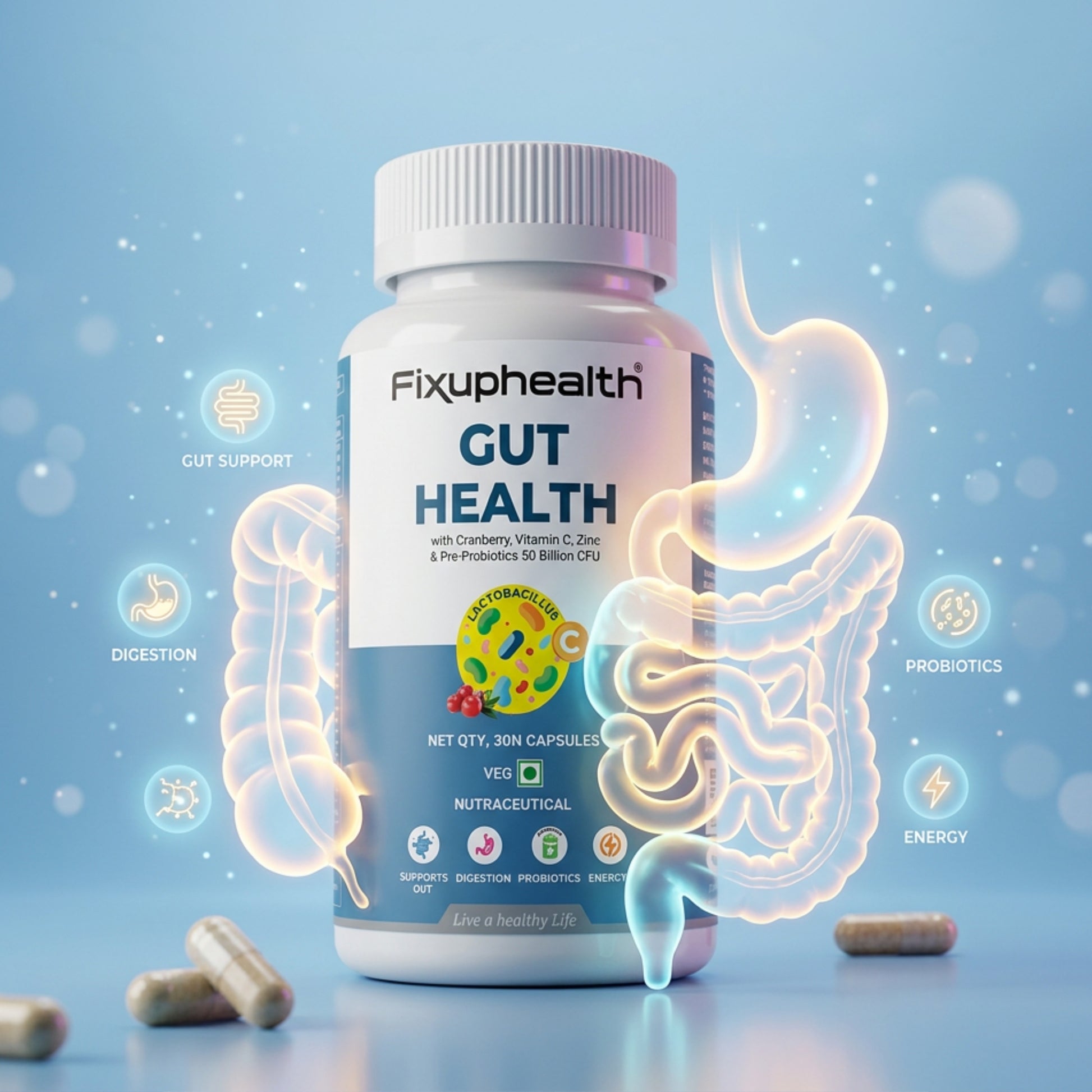 Fixuphealth gut health supplement bottle with digestive system illustration on a blue background