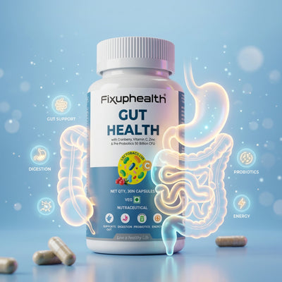 Fixuphealth gut health supplement bottle with digestive system illustration on a blue background