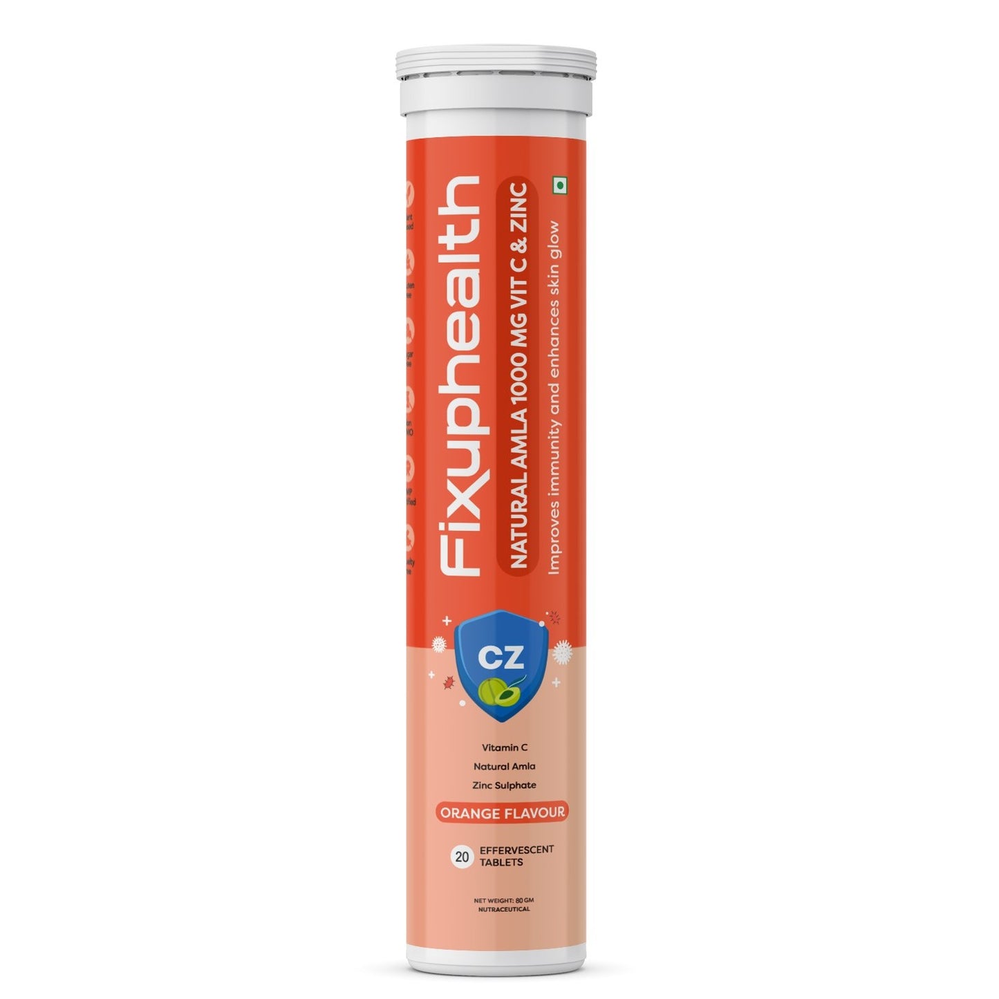 A pack of Fixuphealth Natural Amla 1000mg Vitamin C and Zinc Effervescent Tablets in orange flavor with 20 tablets.