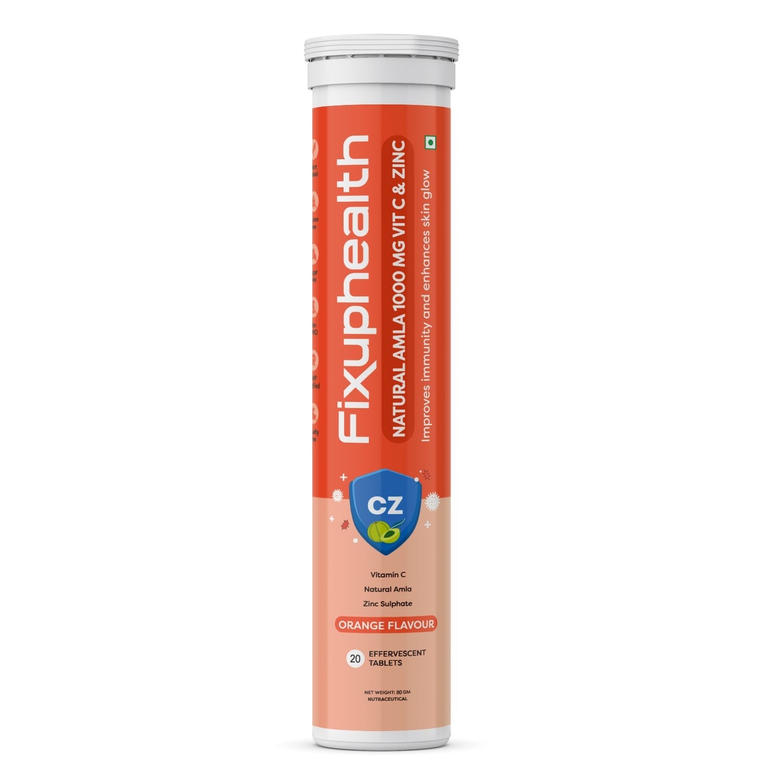 A pack of Fixuphealth Natural Amla 1000mg Vitamin C and Zinc Effervescent Tablets in orange flavor with 20 tablets.