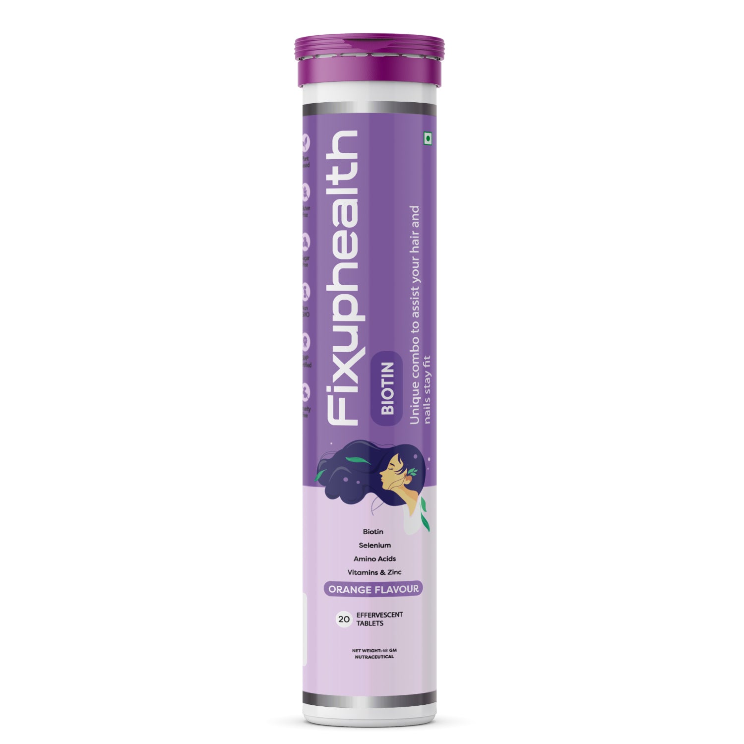 A cylindrical container of Fixuphealth Biotin Selenium Amino acids Vitamin and Zinc Effervescent Tablets with orange flavor, containing 20 tablets, for hair, nails, and skin care.