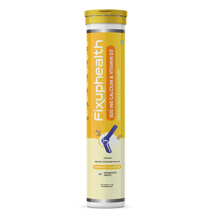 Packaging of Fixuphealth Calcium 500mg and Vitamin D3 Effervescent Tablets in orange flavor with 20 tablets each pack