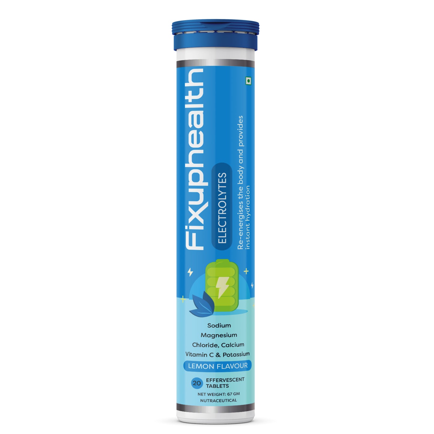 A cylindrical container of Fixuphealth Electrolytes Tablets with Lemon Flavour, indicating the presence of sodium, magnesium, calcium chloride, and vitamin C, in effervescent form, with 20 tablets per pack.