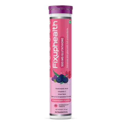 A pink cylindrical container with a purple lid labeled 'Fixuphealth', featuring images of strawberries and a tablet, indicating the product is glutathione effervescent tablets in strawberry flavor.