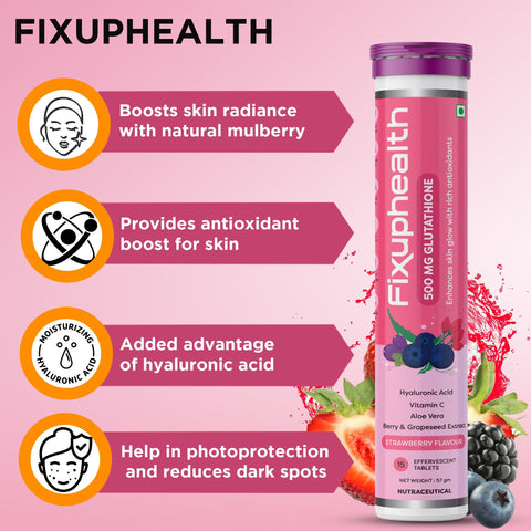 Fixuphealth Glutathione Vitamin C Aloe Vera Berry and Grapeseed Extract Effervescent Tablets Strawberry Flavour Pack of 4 15 tablets each pack Useful for Boost skin radiance glow & antioxidant