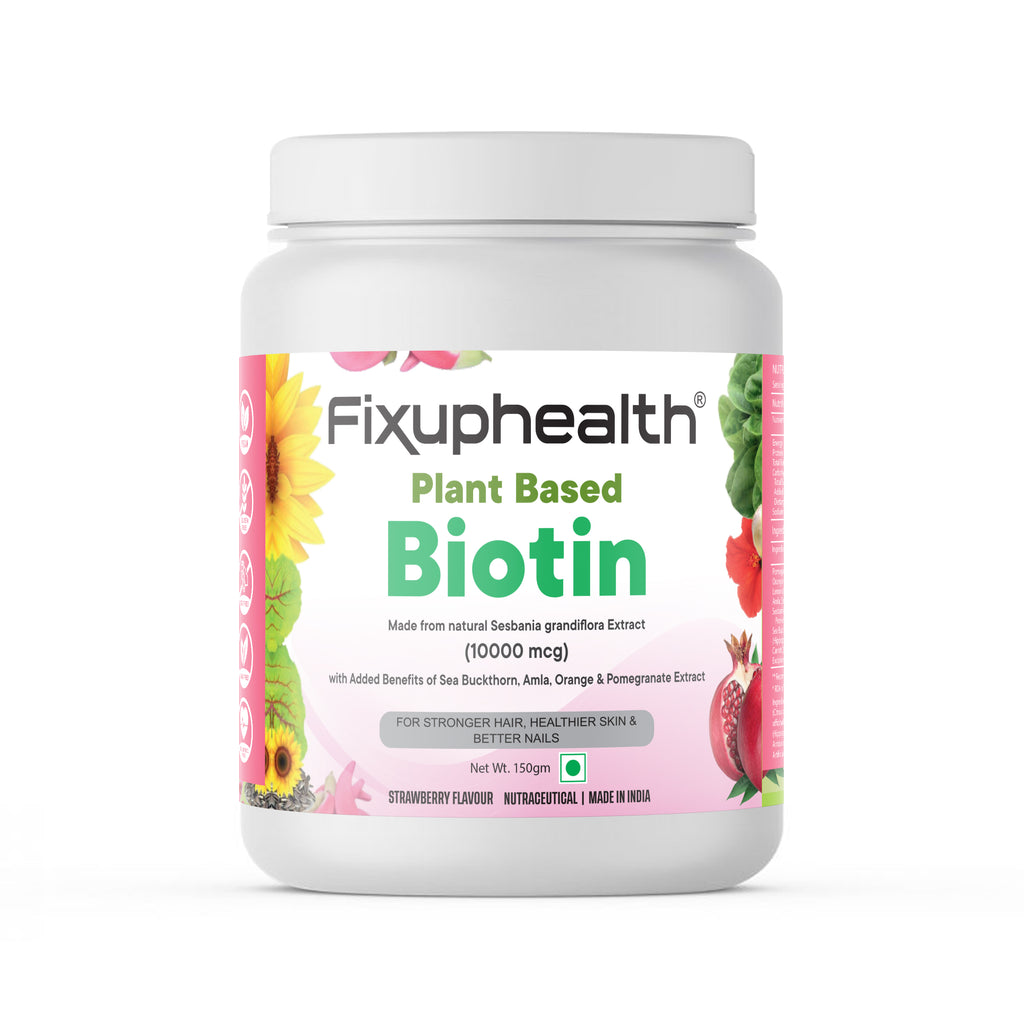 Fixuphealth Plant based Biotin Supplement Powder 10000 mcg For Stronger Hair Healthier Skin & Better Nails with Natural Sesbania Grandiflora extract 150 gram Strawberry Flavour