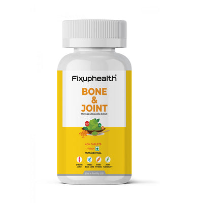 A bottle of Fixuphealth Bone and Joint supplement with 60 tablets, featuring Moringa and Boswellia extracts.
