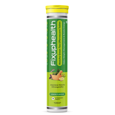 Fixuphealth Japanese Matcha Green Tea with Ashwagandha in lemon flavor, 15 tablets per pack.